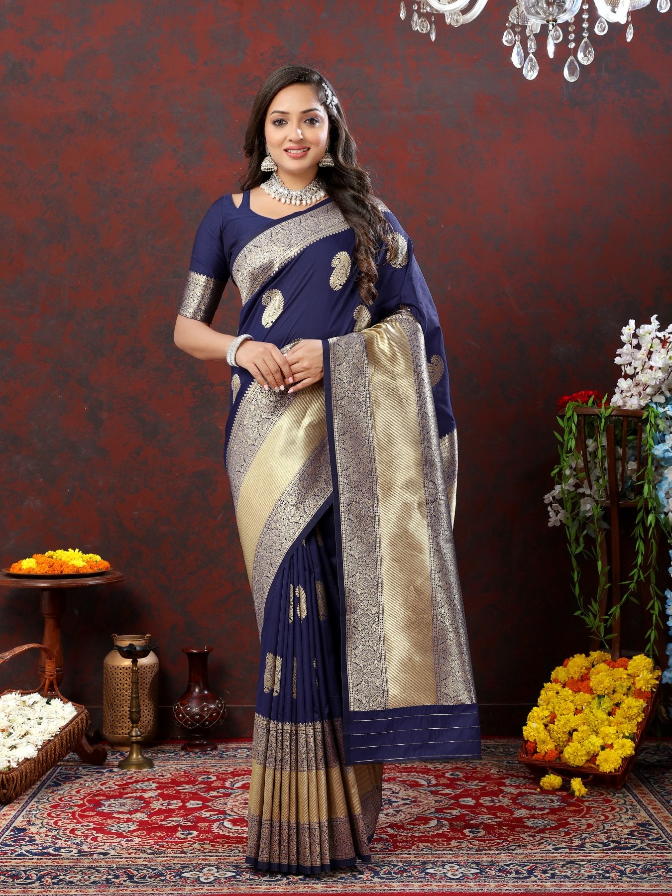 Enchanting Navy Blue Soft Banarasi Silk Saree With Opulent Blouse Piece