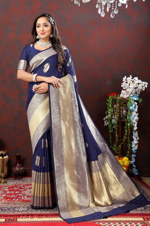 Load image into Gallery viewer, Enchanting Navy Blue Soft Banarasi Silk Saree With Opulent Blouse Piece
