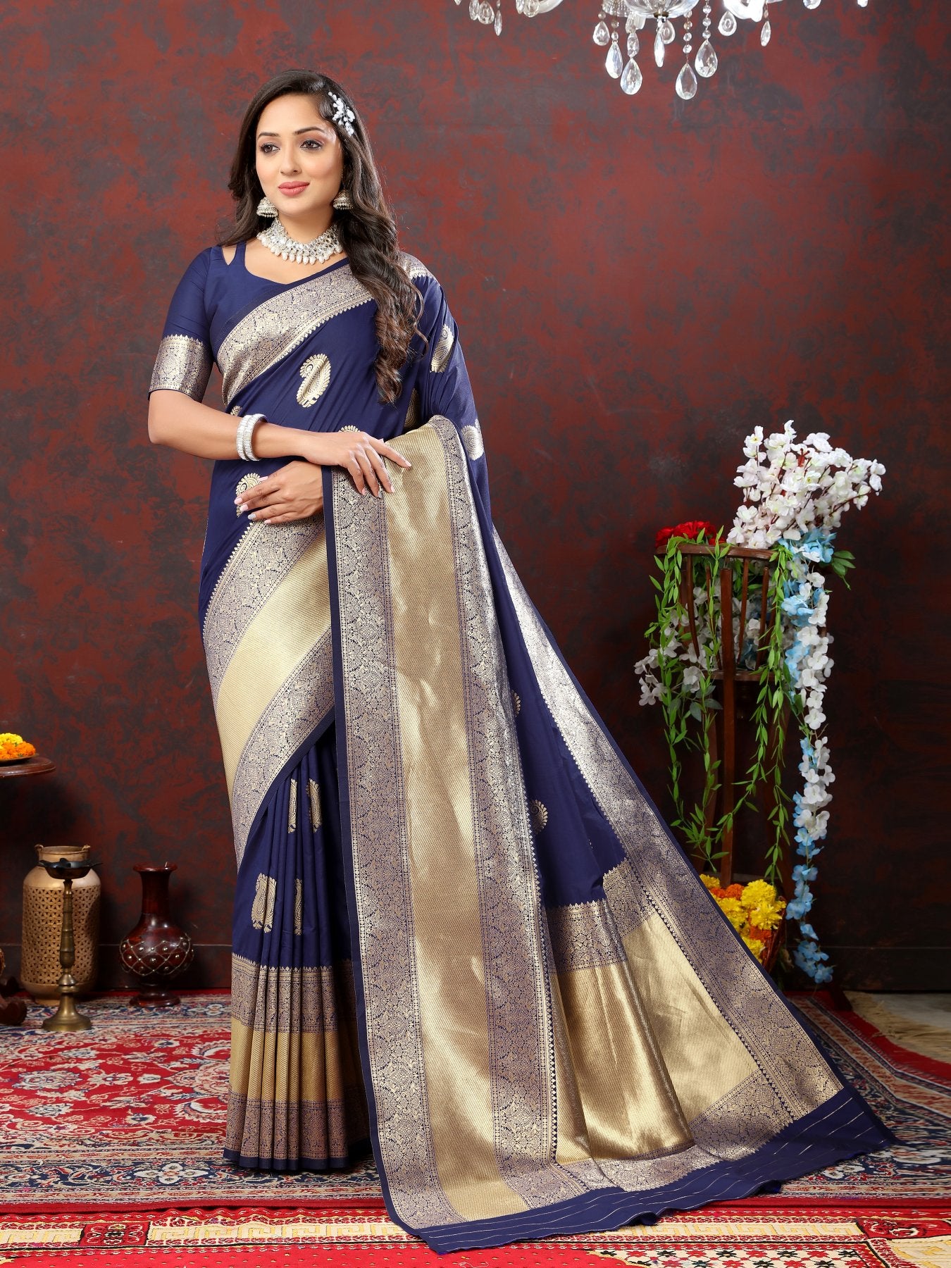 Enchanting Navy Blue Soft Banarasi Silk Saree With Opulent Blouse Piece