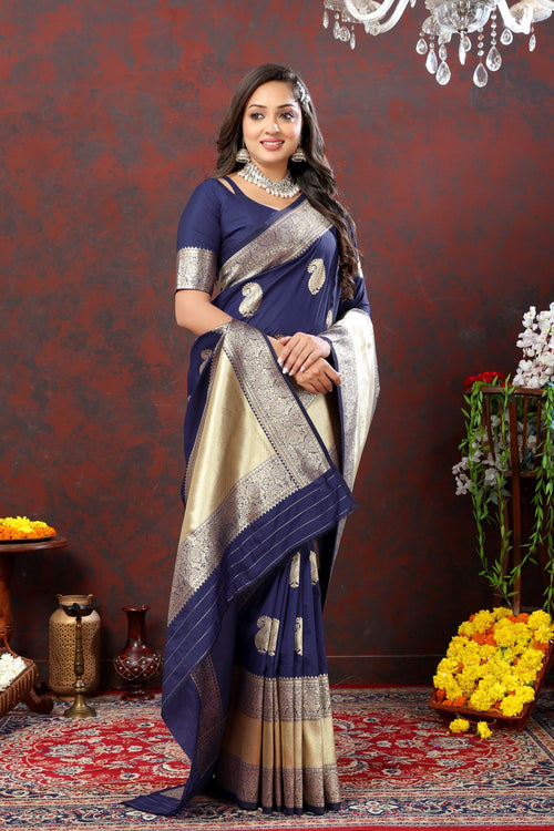 Load image into Gallery viewer, Enchanting Navy Blue Soft Banarasi Silk Saree With Opulent Blouse Piece
