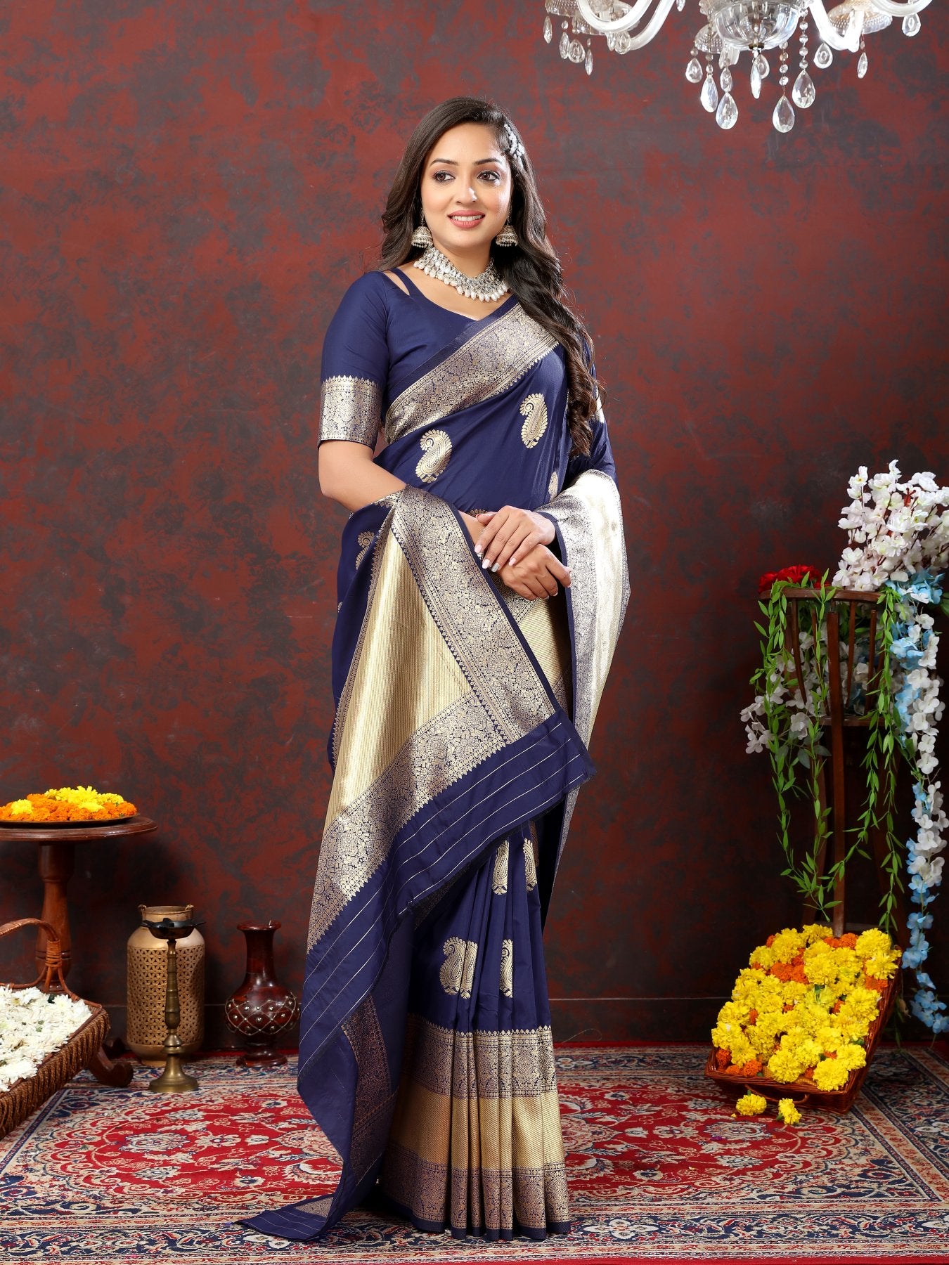 Enchanting Navy Blue Soft Banarasi Silk Saree With Opulent Blouse Piece