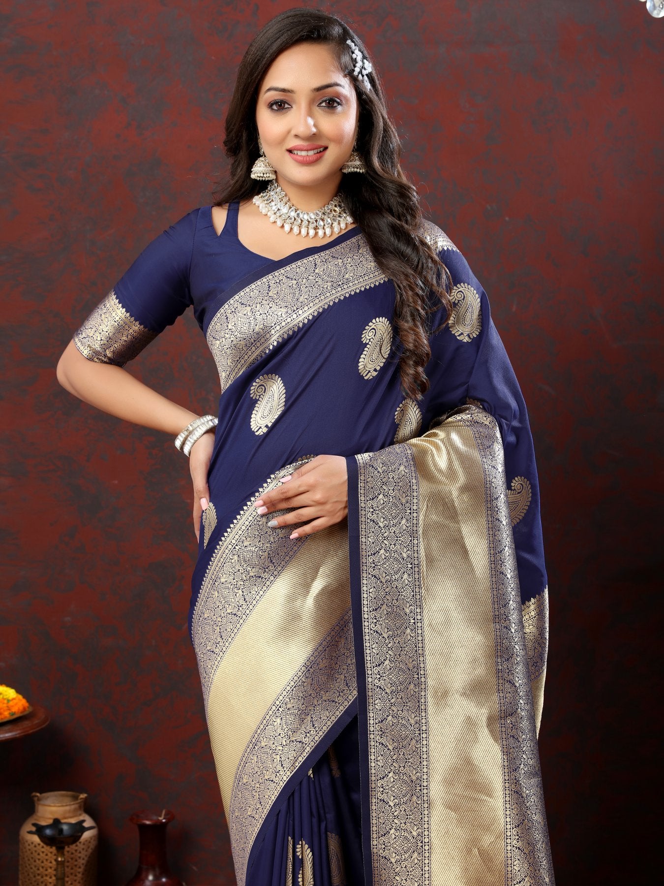 Enchanting Navy Blue Soft Banarasi Silk Saree With Opulent Blouse Piece