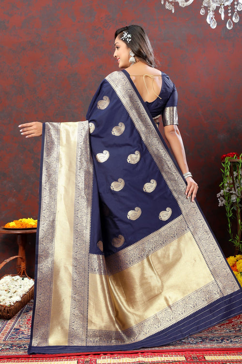 Load image into Gallery viewer, Enchanting Navy Blue Soft Banarasi Silk Saree With Opulent Blouse Piece
