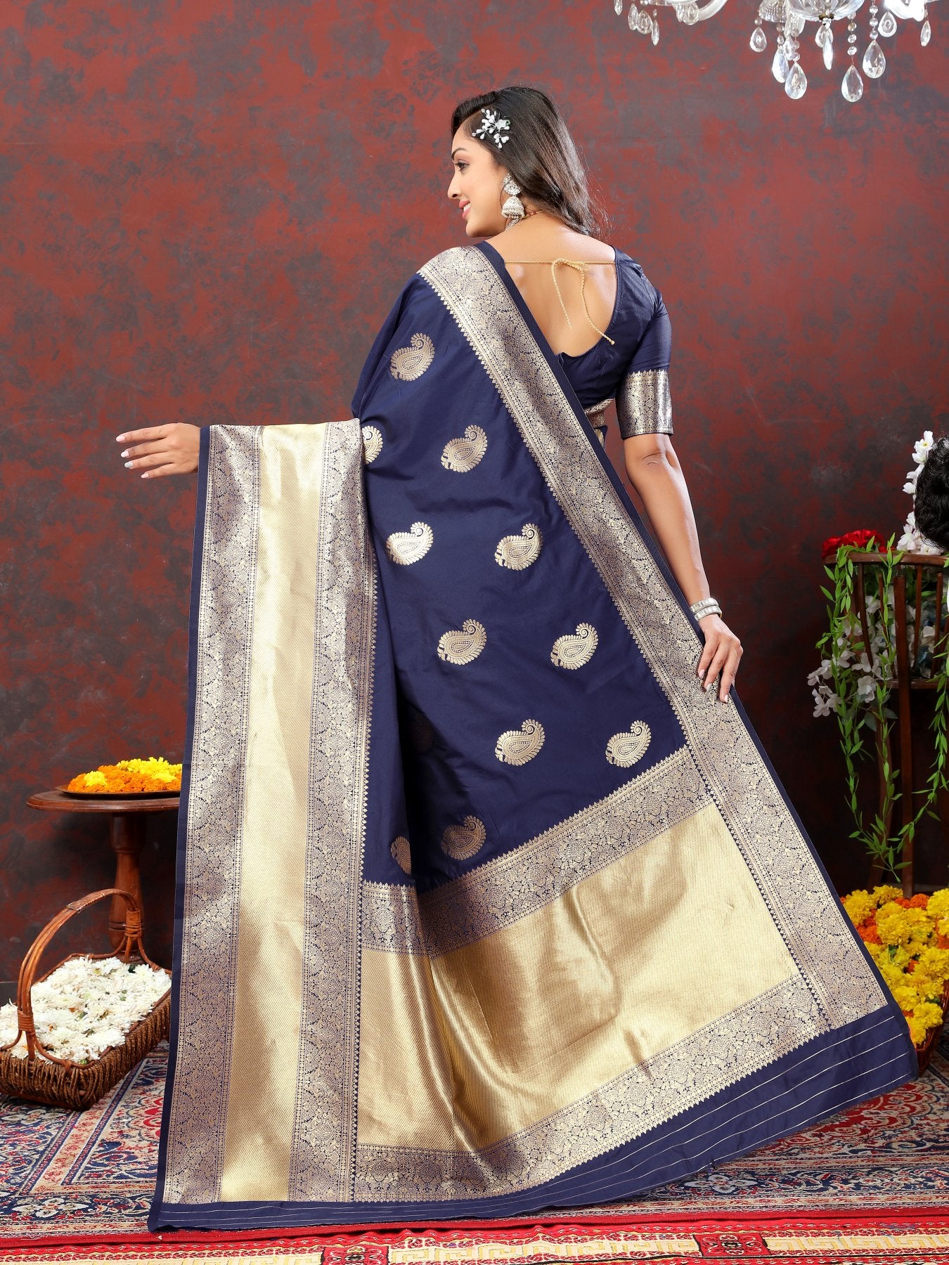 Enchanting Navy Blue Soft Banarasi Silk Saree With Opulent Blouse Piece