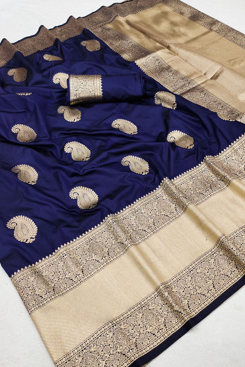 Load image into Gallery viewer, Enchanting Navy Blue Soft Banarasi Silk Saree With Opulent Blouse Piece
