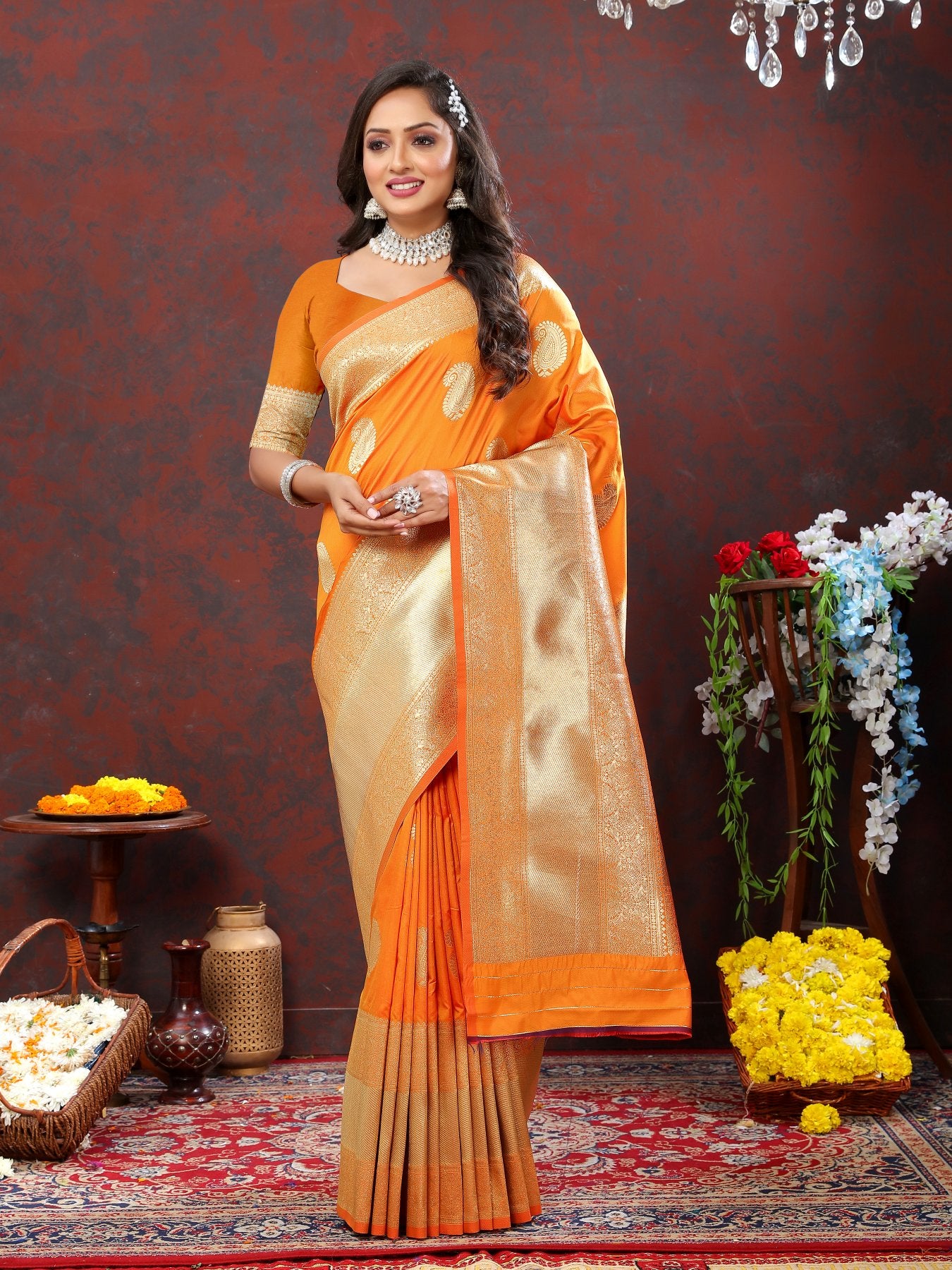 Confounding Orange Soft Banarasi Silk Saree With Enamoring Blouse Piece