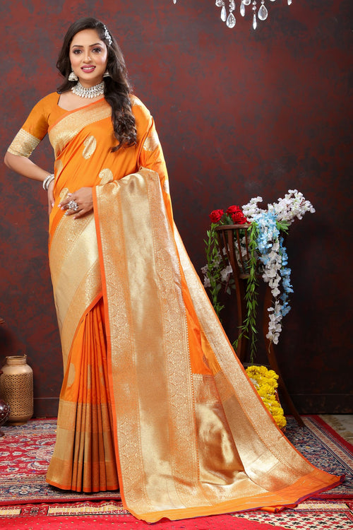 Load image into Gallery viewer, Confounding Orange Soft Banarasi Silk Saree With Enamoring Blouse Piece
