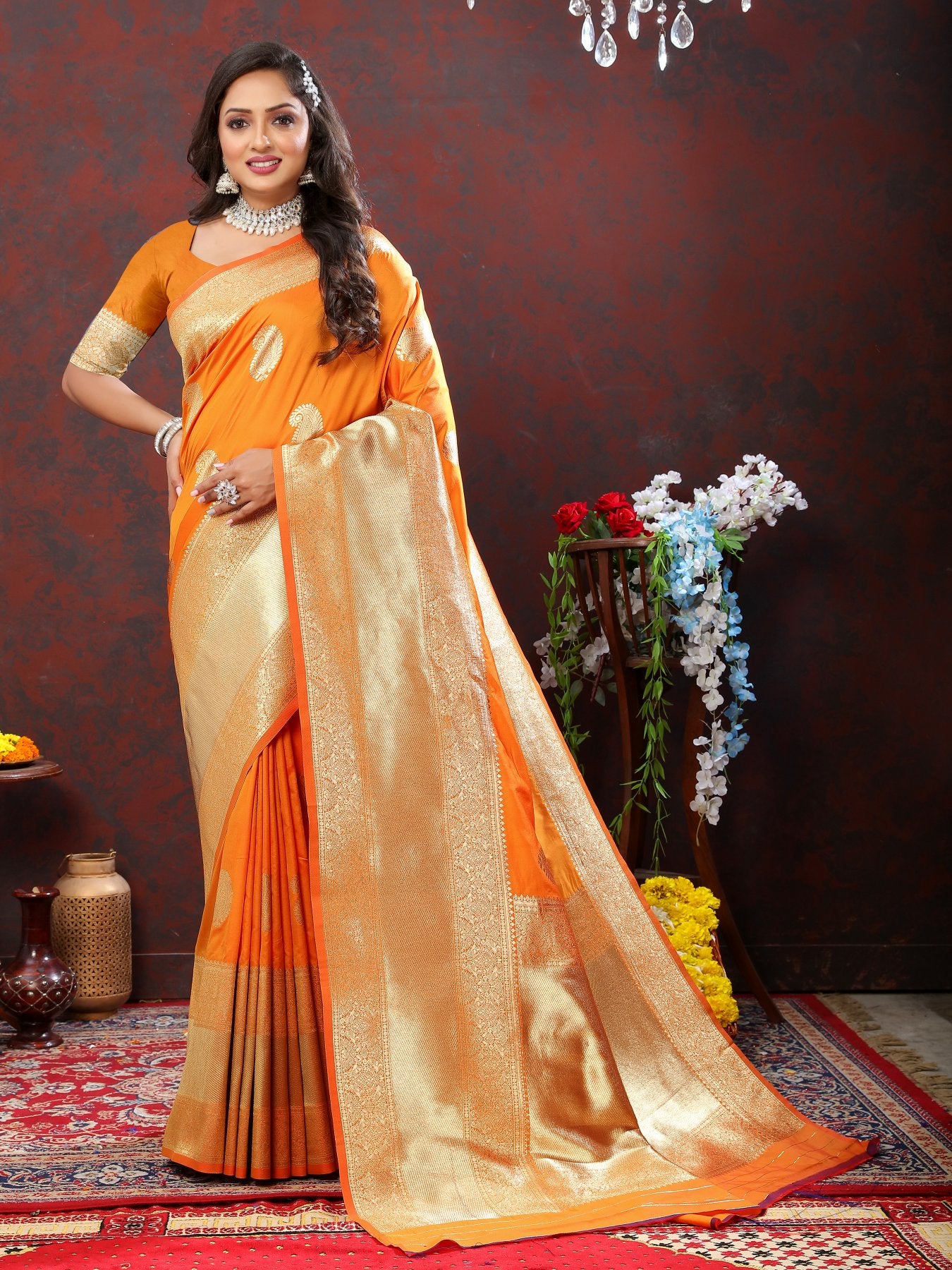 Confounding Orange Soft Banarasi Silk Saree With Enamoring Blouse Piece