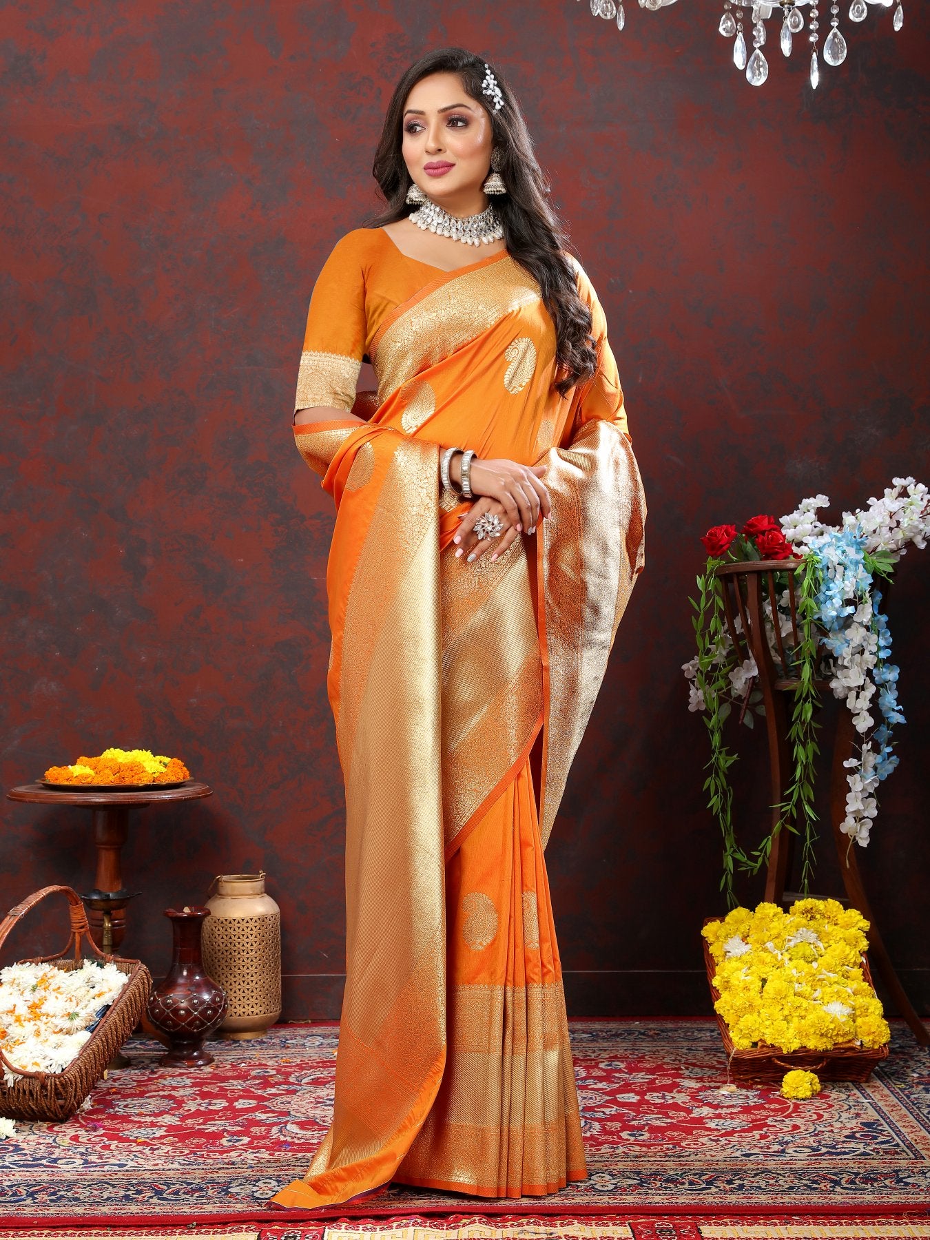 Confounding Orange Soft Banarasi Silk Saree With Enamoring Blouse Piece