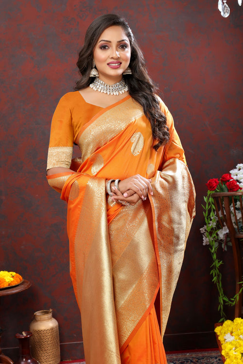 Load image into Gallery viewer, Confounding Orange Soft Banarasi Silk Saree With Enamoring Blouse Piece
