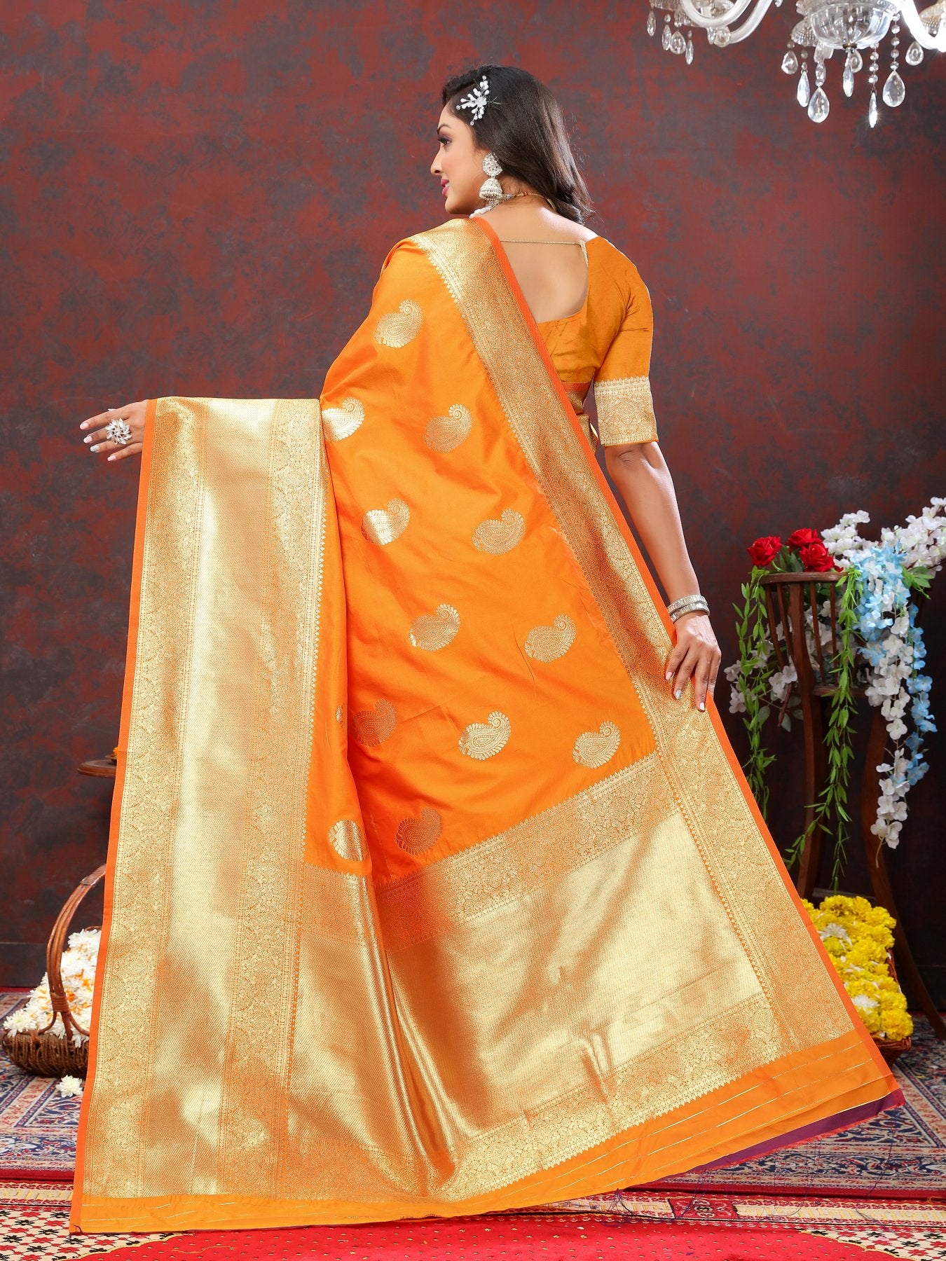 Confounding Orange Soft Banarasi Silk Saree With Enamoring Blouse Piece