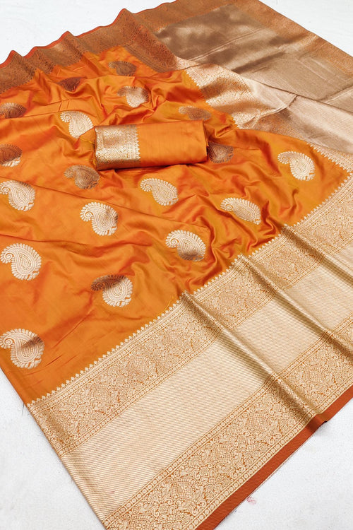 Load image into Gallery viewer, Confounding Orange Soft Banarasi Silk Saree With Enamoring Blouse Piece
