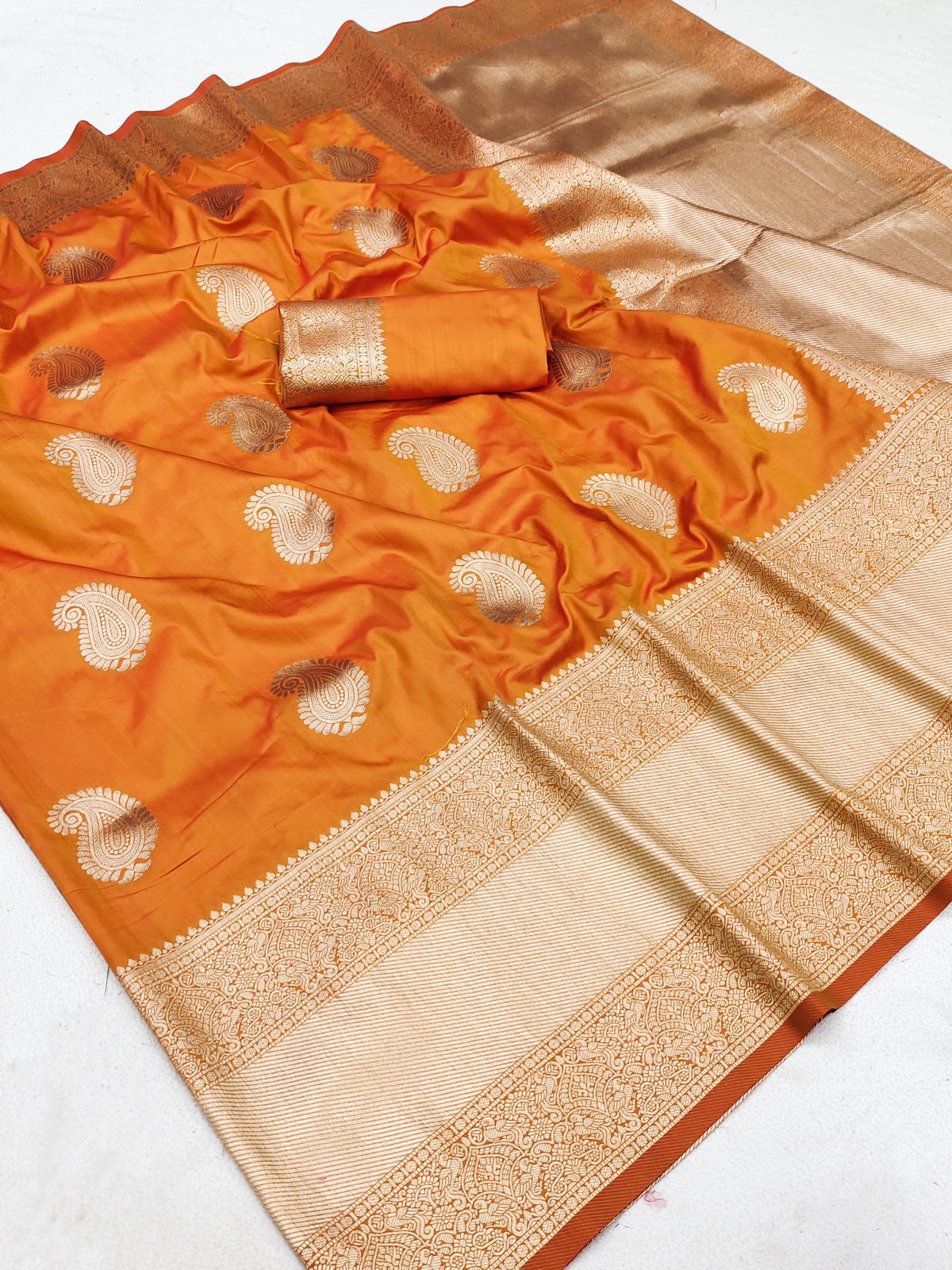 Confounding Orange Soft Banarasi Silk Saree With Enamoring Blouse Piece