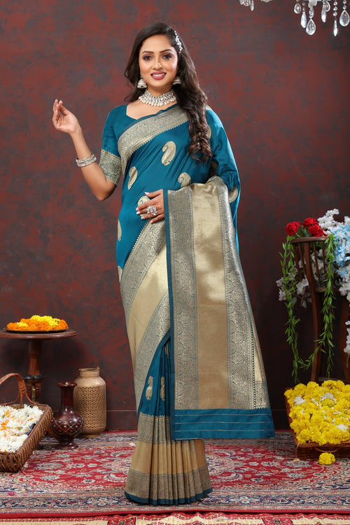 Load image into Gallery viewer, Felicitous Rama Soft Banarasi Silk Saree With Ephemeral Blouse Piece
