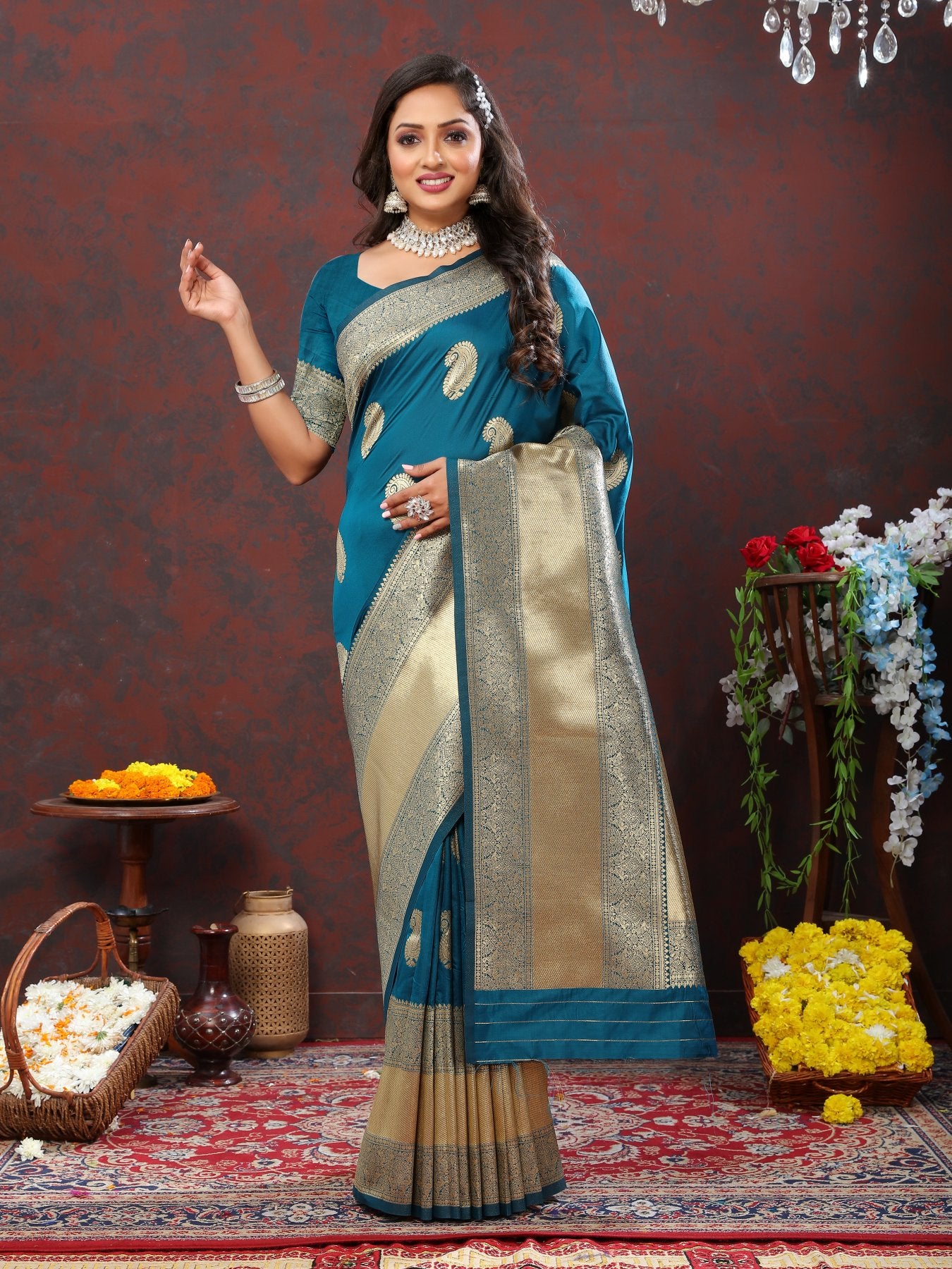 Felicitous Rama Soft Banarasi Silk Saree With Ephemeral Blouse Piece