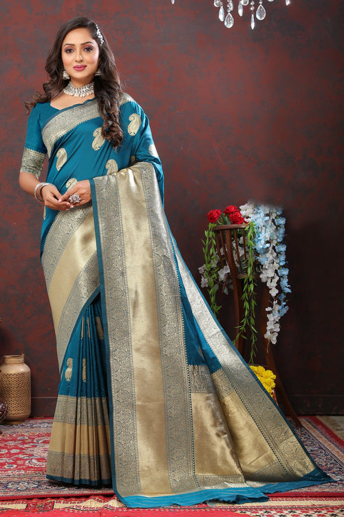 Load image into Gallery viewer, Felicitous Rama Soft Banarasi Silk Saree With Ephemeral Blouse Piece
