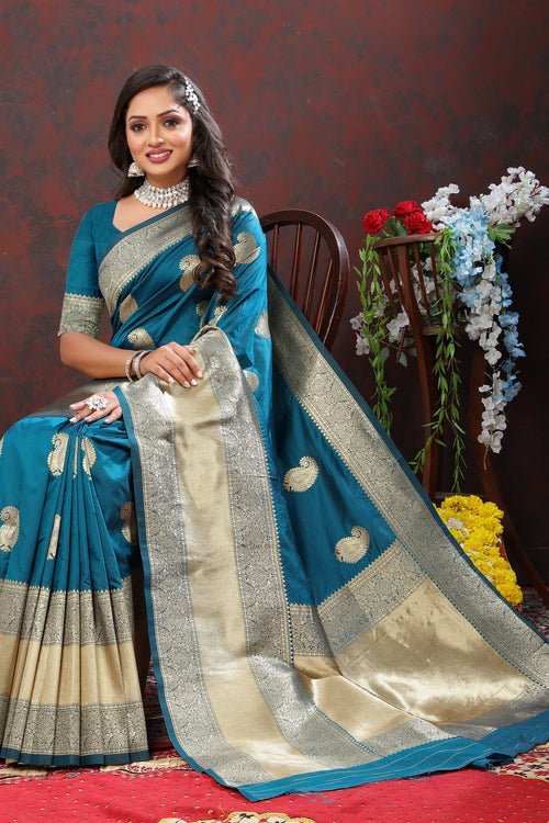 Load image into Gallery viewer, Felicitous Rama Soft Banarasi Silk Saree With Ephemeral Blouse Piece
