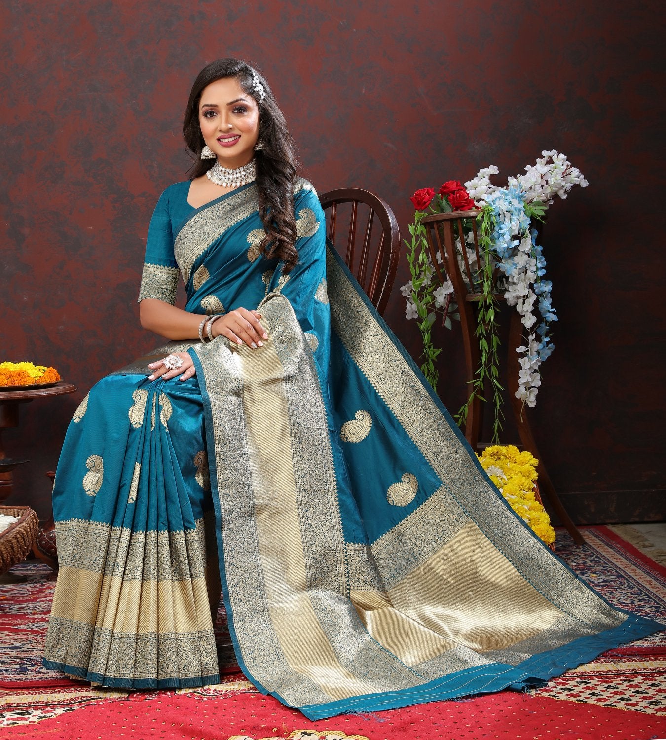 Felicitous Rama Soft Banarasi Silk Saree With Ephemeral Blouse Piece