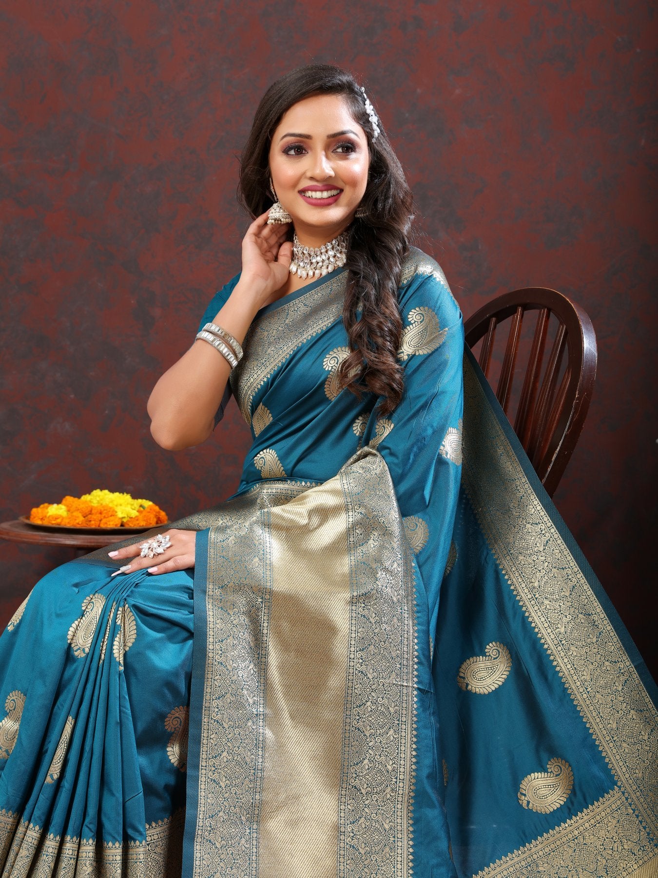 Felicitous Rama Soft Banarasi Silk Saree With Ephemeral Blouse Piece