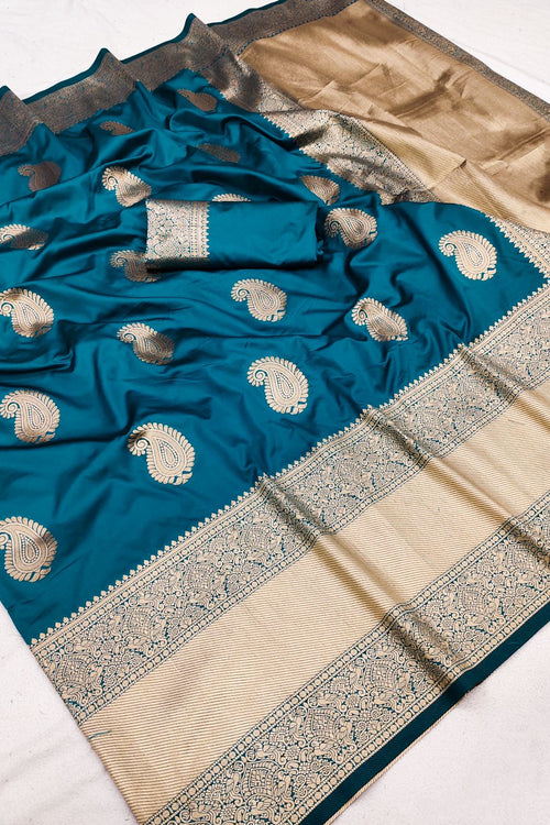 Load image into Gallery viewer, Felicitous Rama Soft Banarasi Silk Saree With Ephemeral Blouse Piece
