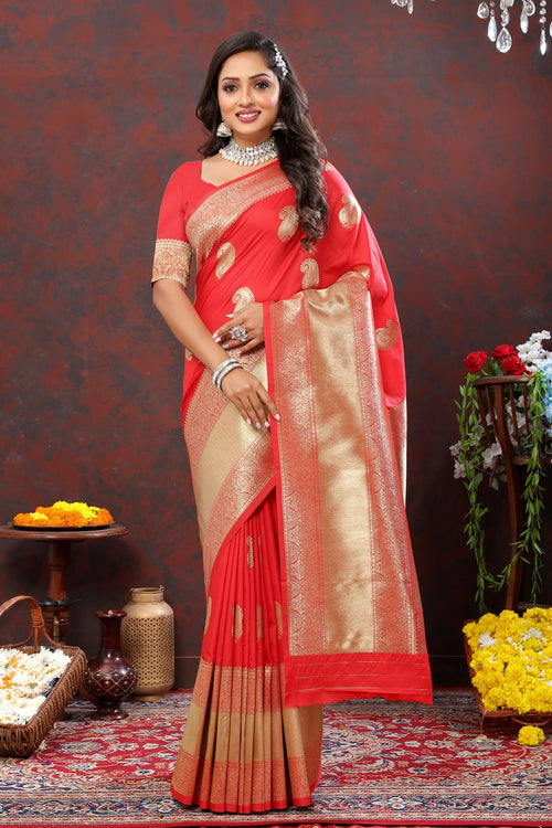 Load image into Gallery viewer, Artistic Red Soft Banarasi Silk Saree With Dulcet Blouse Piece
