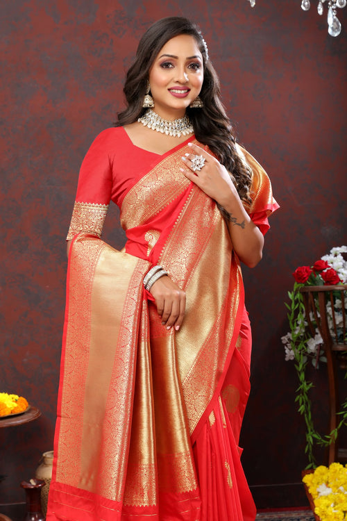 Load image into Gallery viewer, Artistic Red Soft Banarasi Silk Saree With Dulcet Blouse Piece
