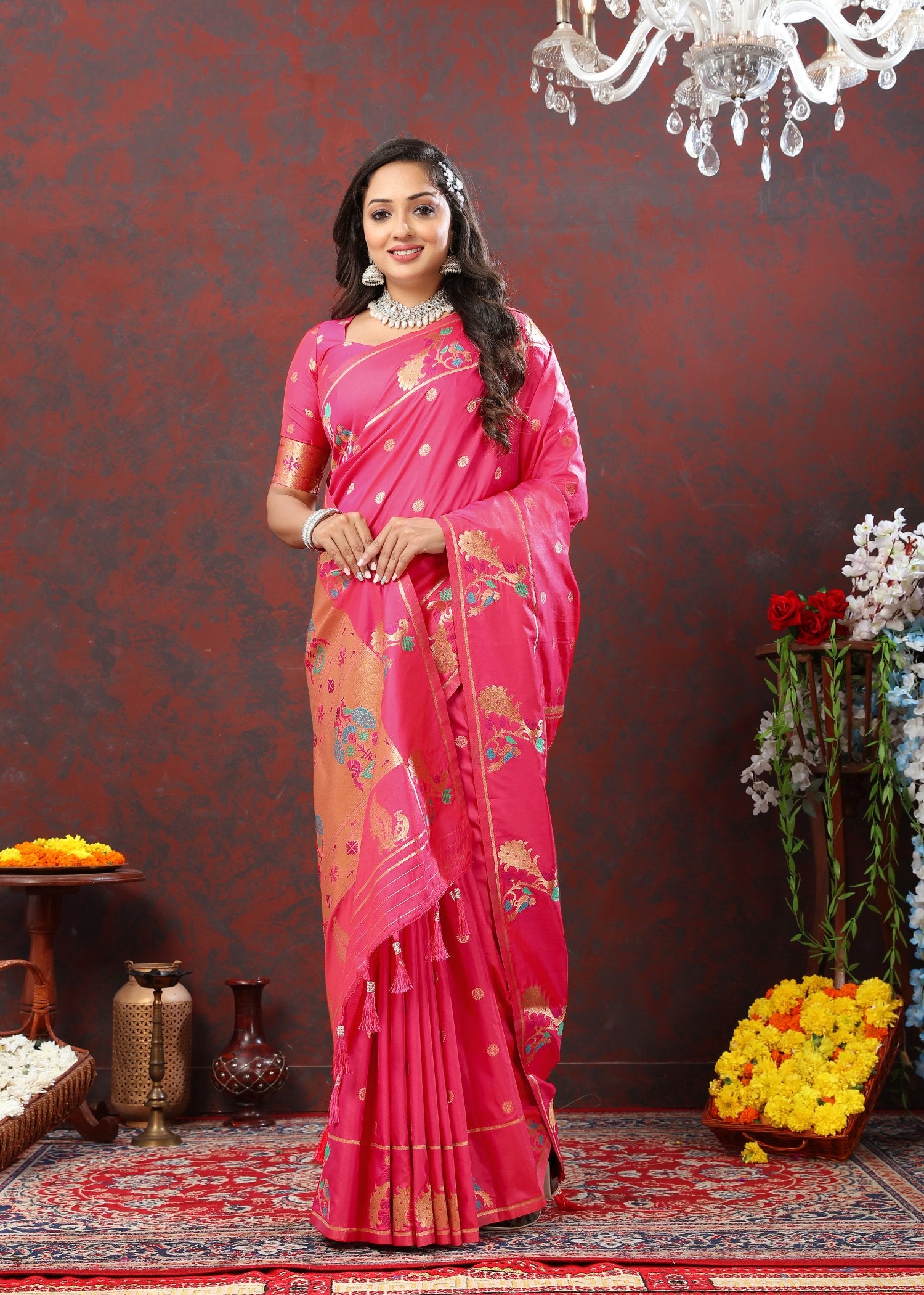 Epiphany Dark Pink Paithani Silk Saree With Ornate Blouse Piece