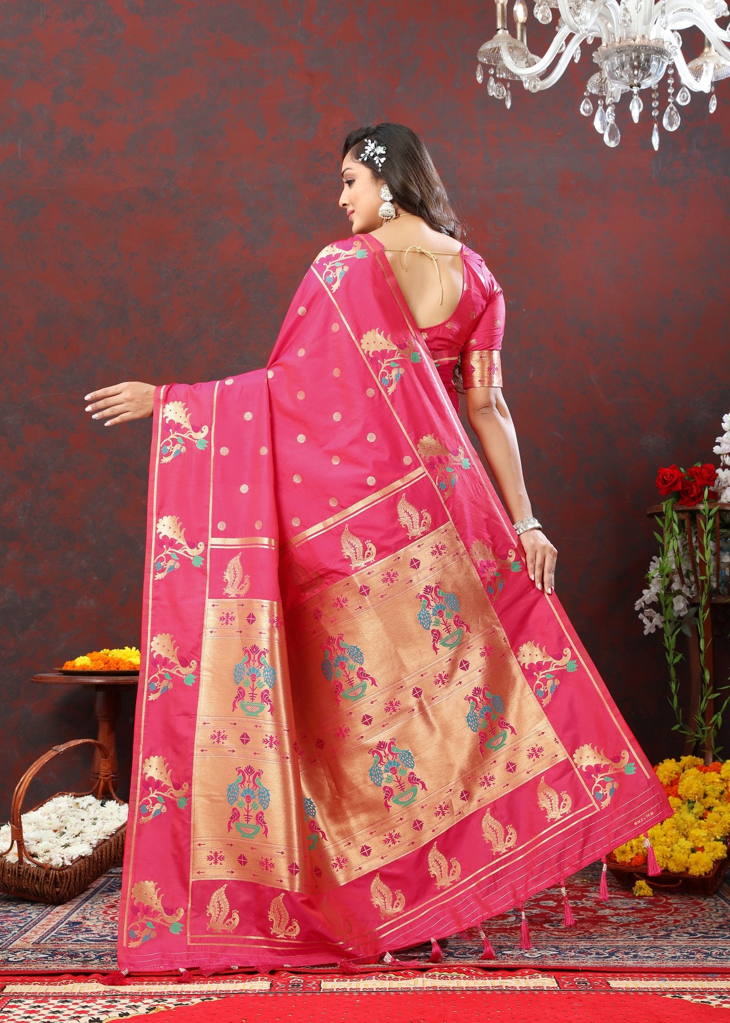 Epiphany Dark Pink Paithani Silk Saree With Ornate Blouse Piece