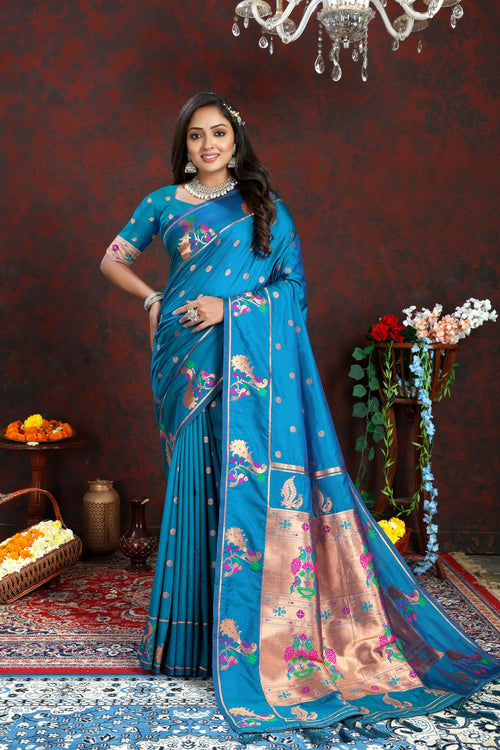 Load image into Gallery viewer, Epiphany Firozi Paithani Silk Saree With Piquant Blouse Piece
