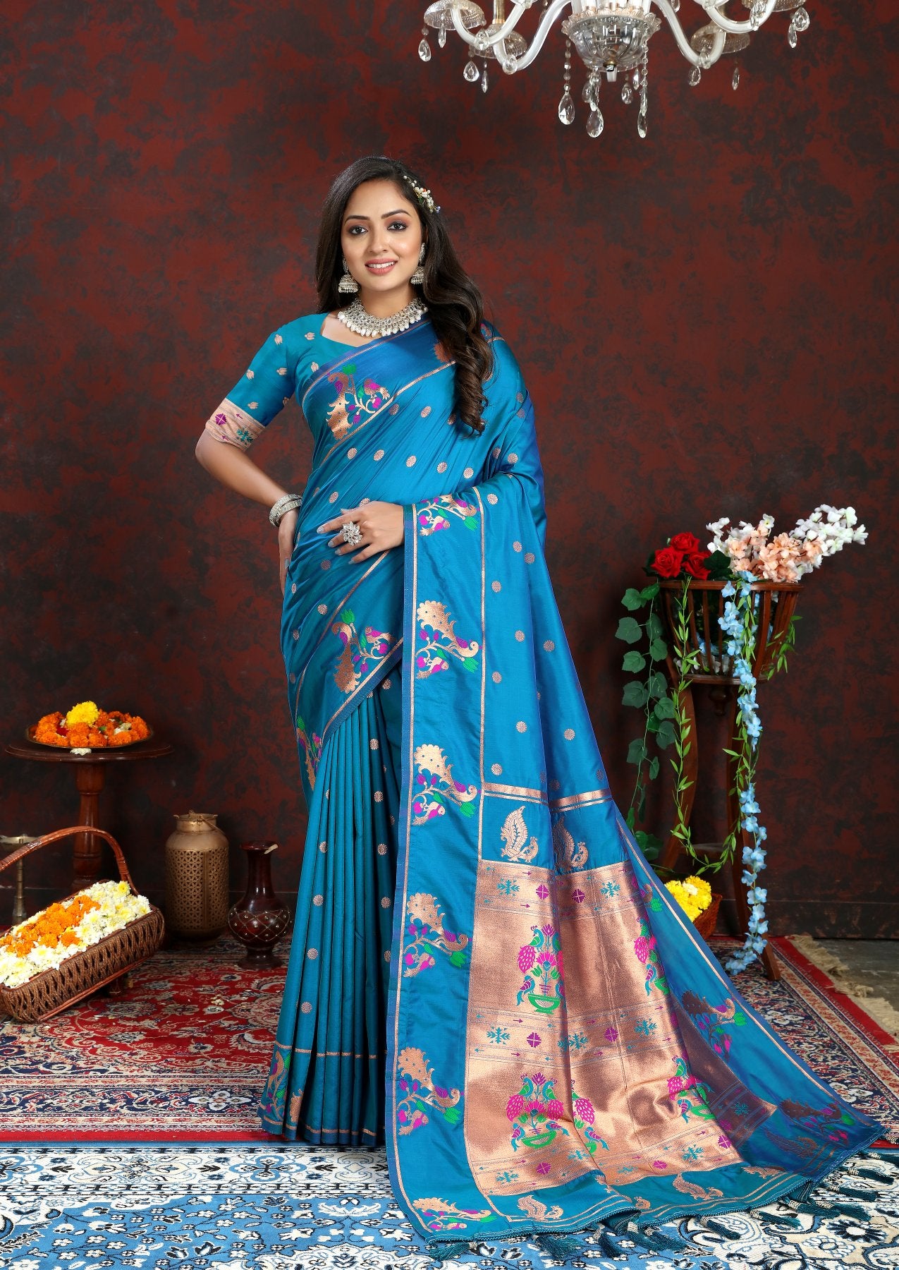 Epiphany Firozi Paithani Silk Saree With Piquant Blouse Piece