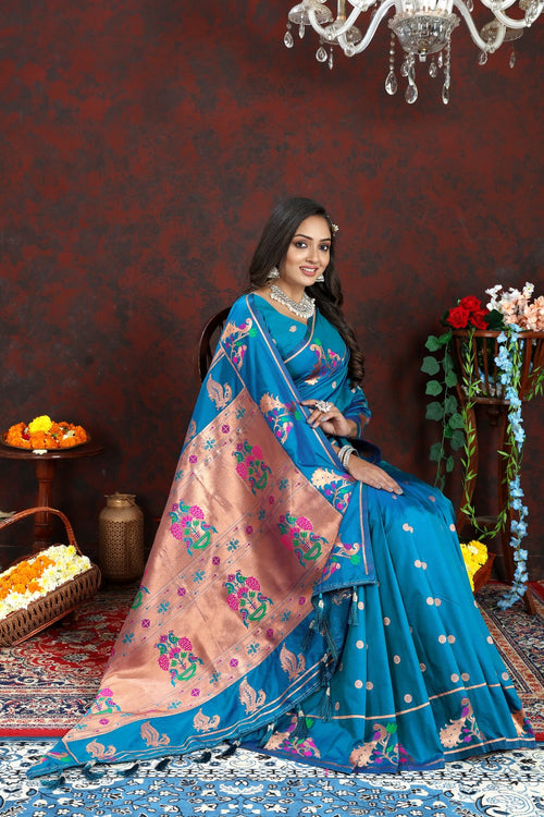 Load image into Gallery viewer, Epiphany Firozi Paithani Silk Saree With Piquant Blouse Piece
