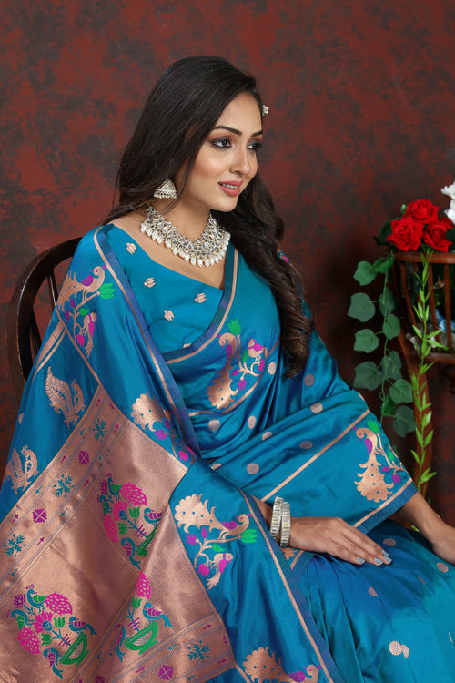 Load image into Gallery viewer, Epiphany Firozi Paithani Silk Saree With Piquant Blouse Piece
