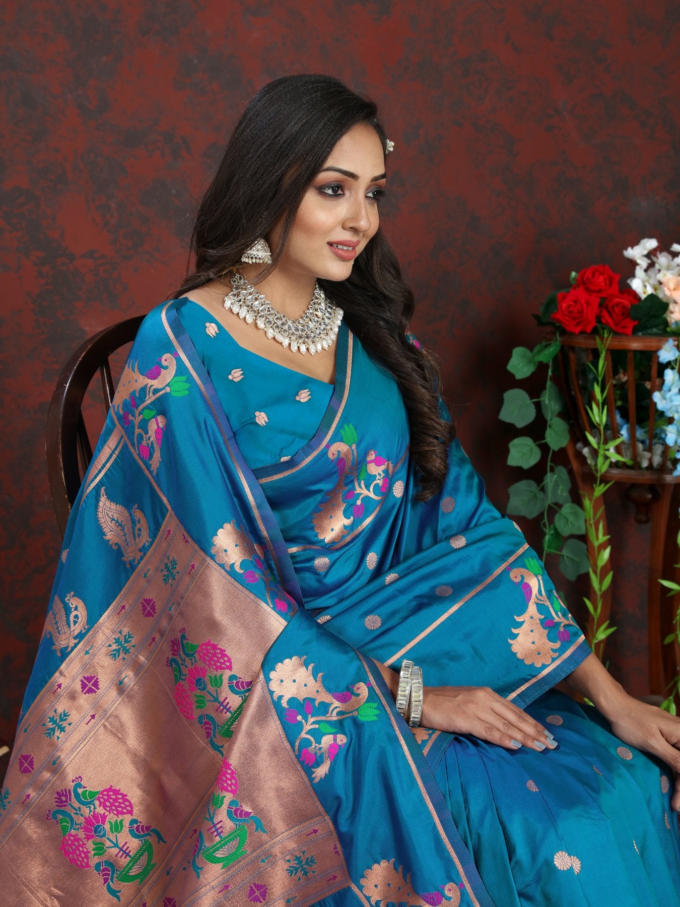 Epiphany Firozi Paithani Silk Saree With Piquant Blouse Piece