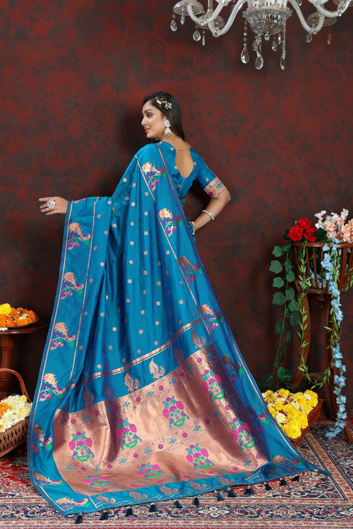 Load image into Gallery viewer, Epiphany Firozi Paithani Silk Saree With Piquant Blouse Piece
