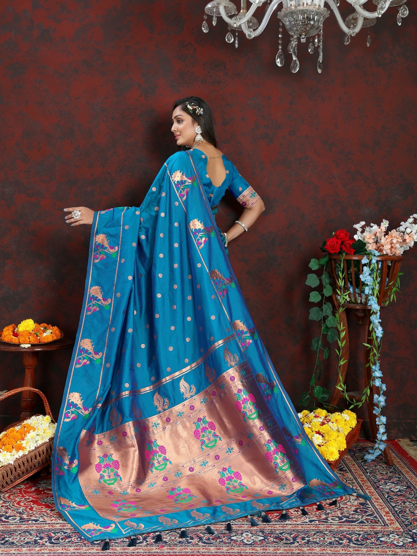 Epiphany Firozi Paithani Silk Saree With Piquant Blouse Piece