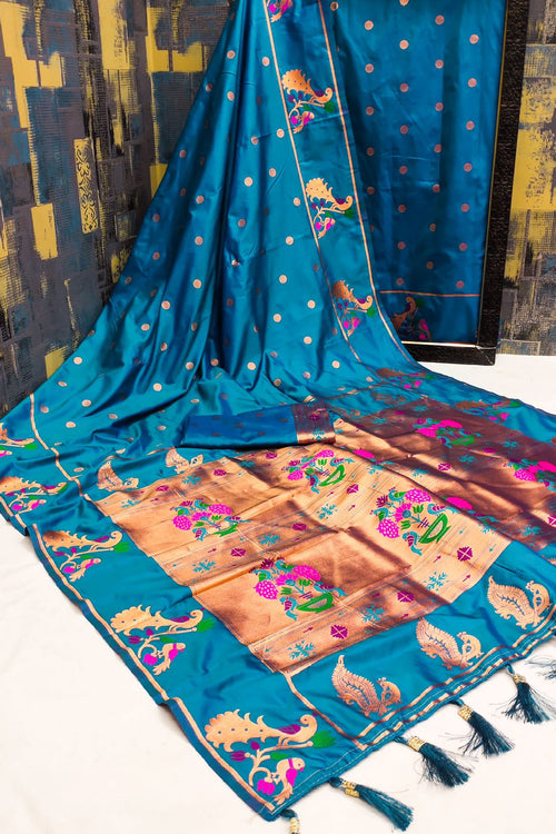 Load image into Gallery viewer, Epiphany Firozi Paithani Silk Saree With Piquant Blouse Piece
