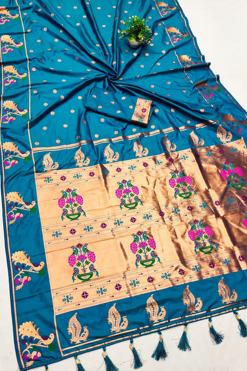 Load image into Gallery viewer, Epiphany Firozi Paithani Silk Saree With Piquant Blouse Piece
