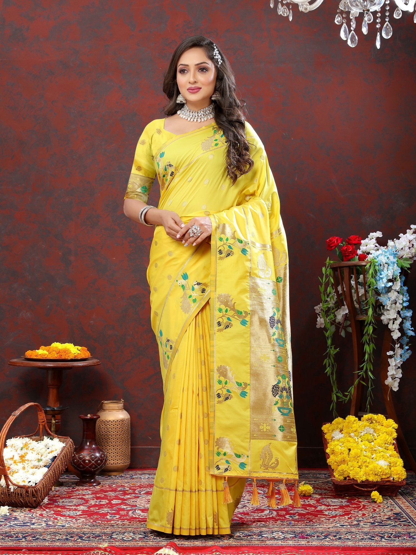 Sumptuous Lemon Paithani Silk Saree With Glamorous Blouse Piece