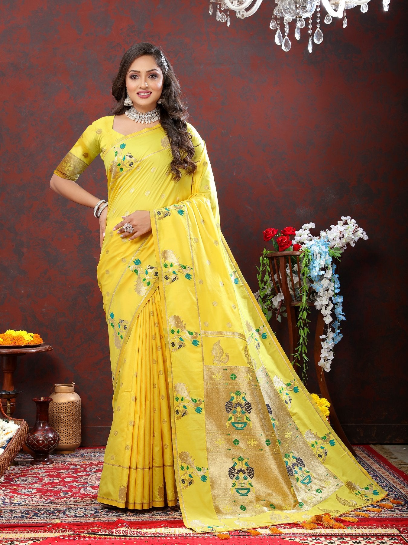 Sumptuous Lemon Paithani Silk Saree With Glamorous Blouse Piece