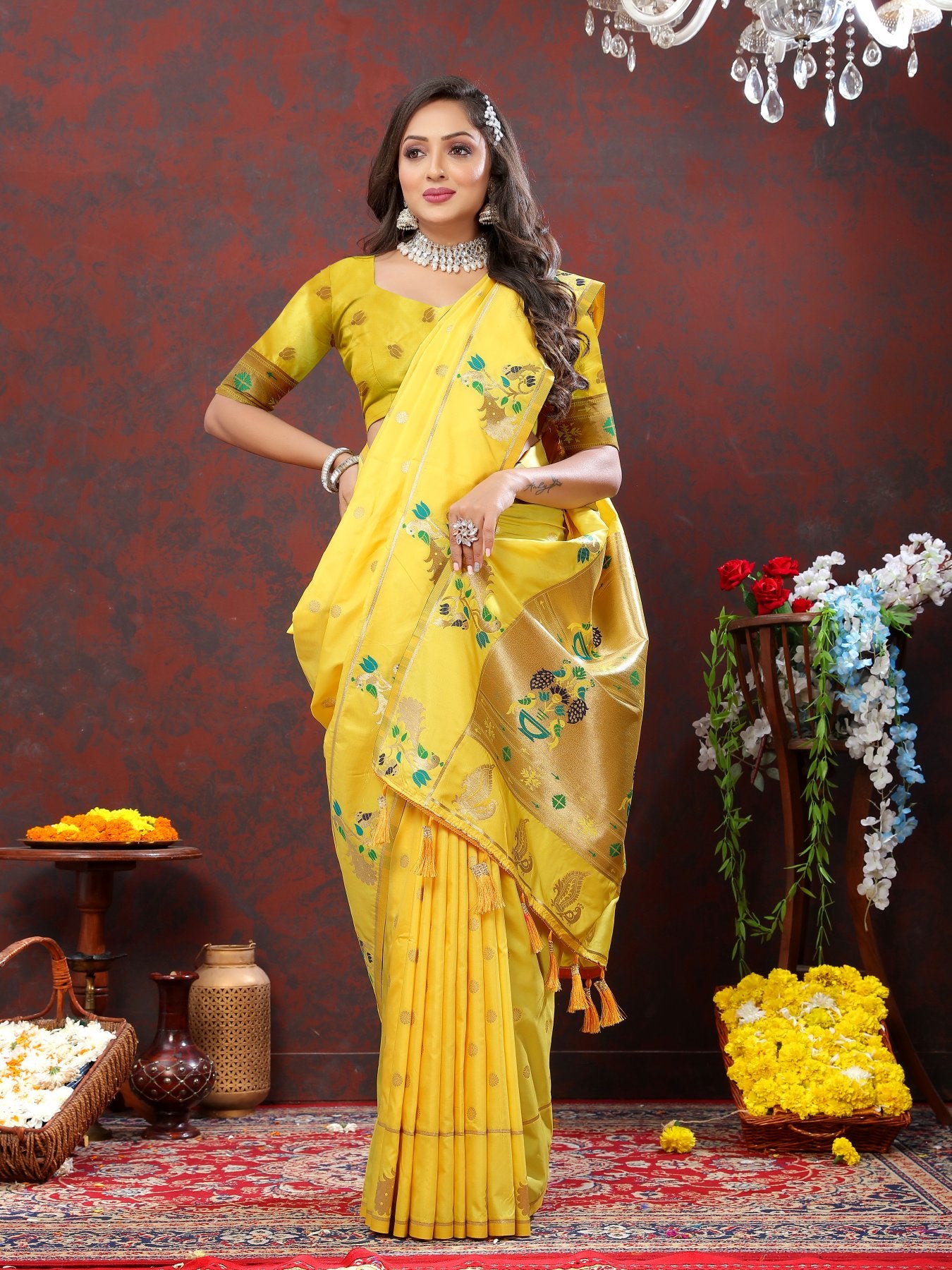 Sumptuous Lemon Paithani Silk Saree With Glamorous Blouse Piece