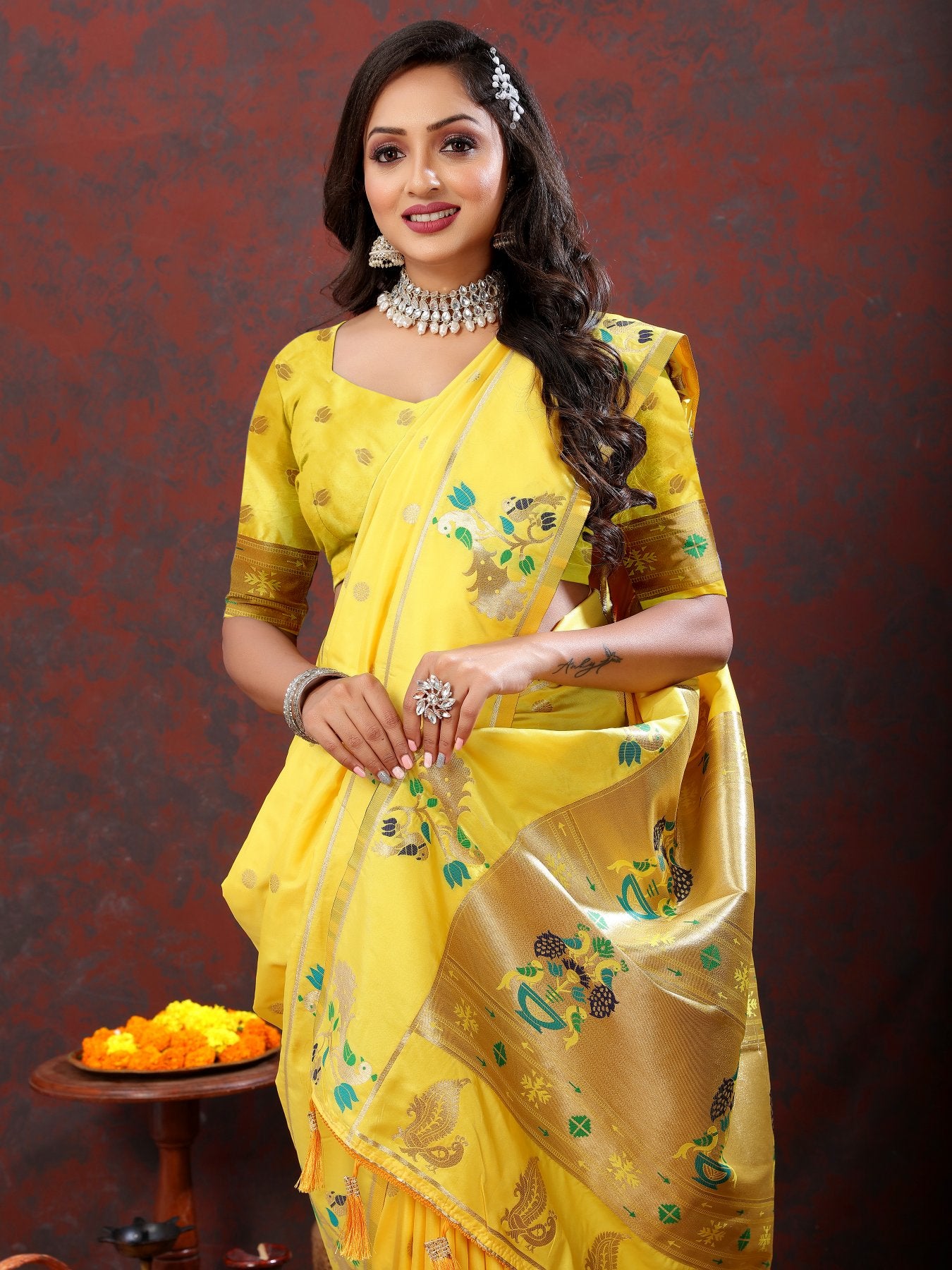 Sumptuous Lemon Paithani Silk Saree With Glamorous Blouse Piece