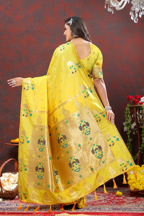 Load image into Gallery viewer, Sumptuous Lemon Paithani Silk Saree With Glamorous Blouse Piece
