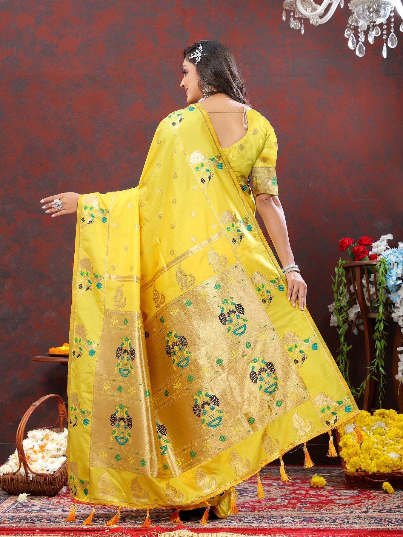 Sumptuous Lemon Paithani Silk Saree With Glamorous Blouse Piece