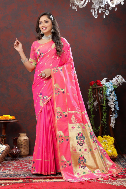 Load image into Gallery viewer, Exuberant Light Pink Paithani Silk Saree With Quixotic Blouse Piece
