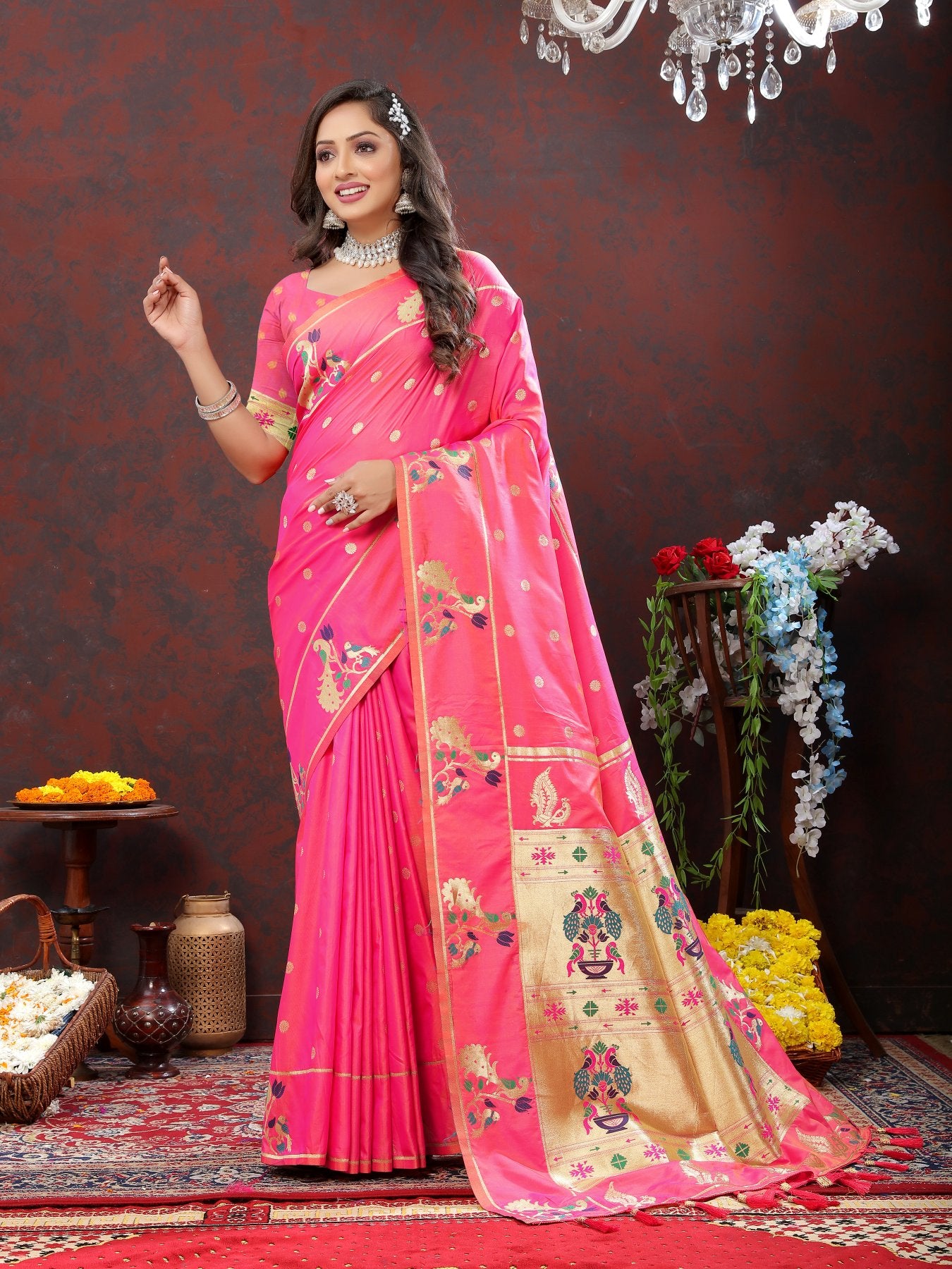 Exuberant Light Pink Paithani Silk Saree With Quixotic Blouse Piece