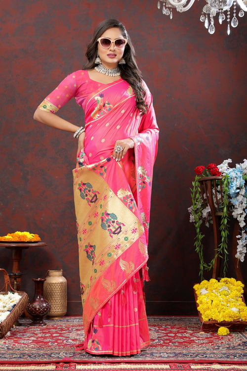 Load image into Gallery viewer, Exuberant Light Pink Paithani Silk Saree With Quixotic Blouse Piece
