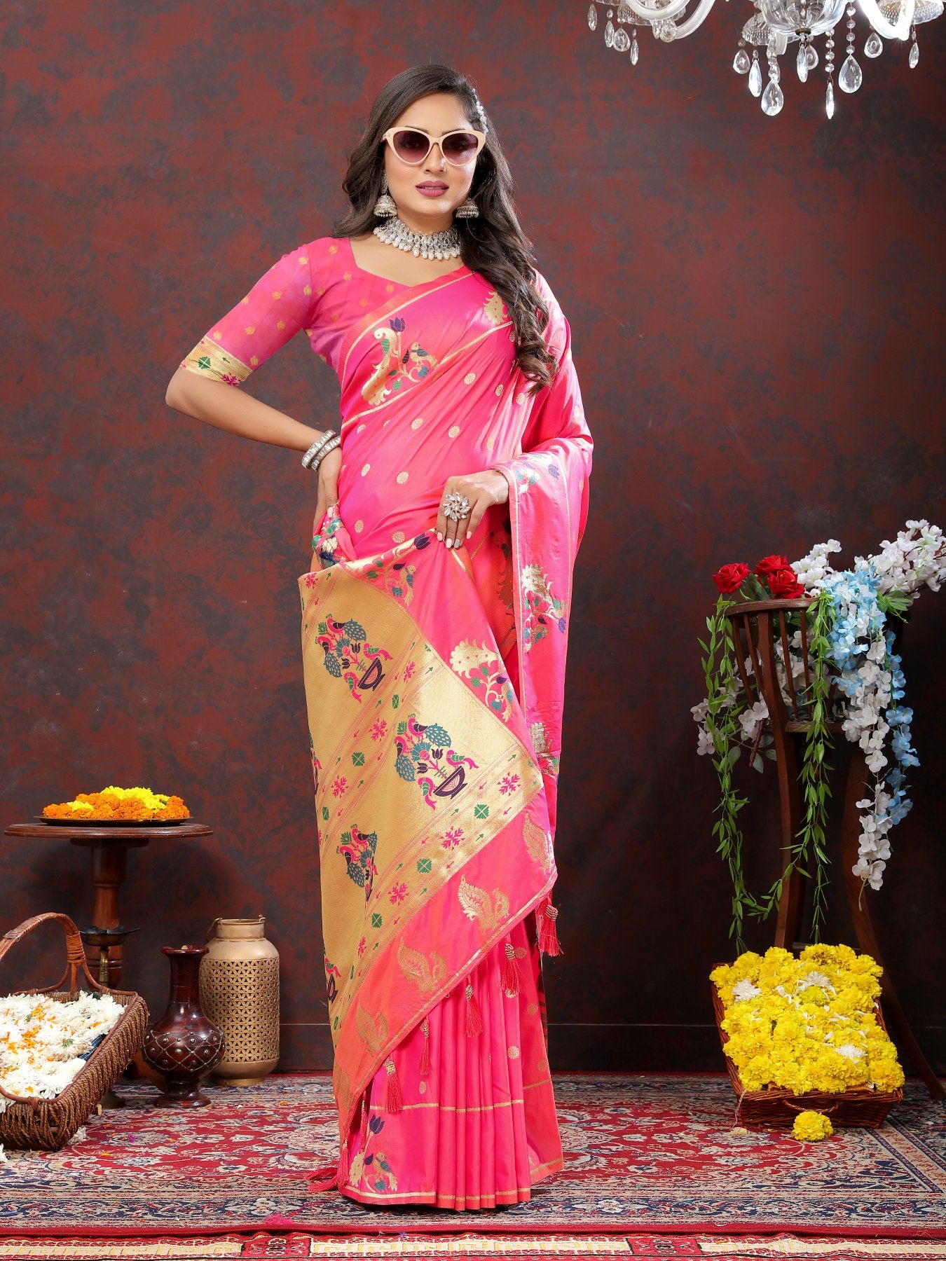 Exuberant Light Pink Paithani Silk Saree With Quixotic Blouse Piece