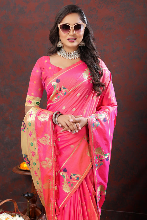 Load image into Gallery viewer, Exuberant Light Pink Paithani Silk Saree With Quixotic Blouse Piece
