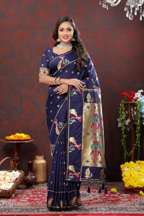 Load image into Gallery viewer, Elaborate Navy Blue Paithani Silk Saree With Quixotic Blouse Piece
