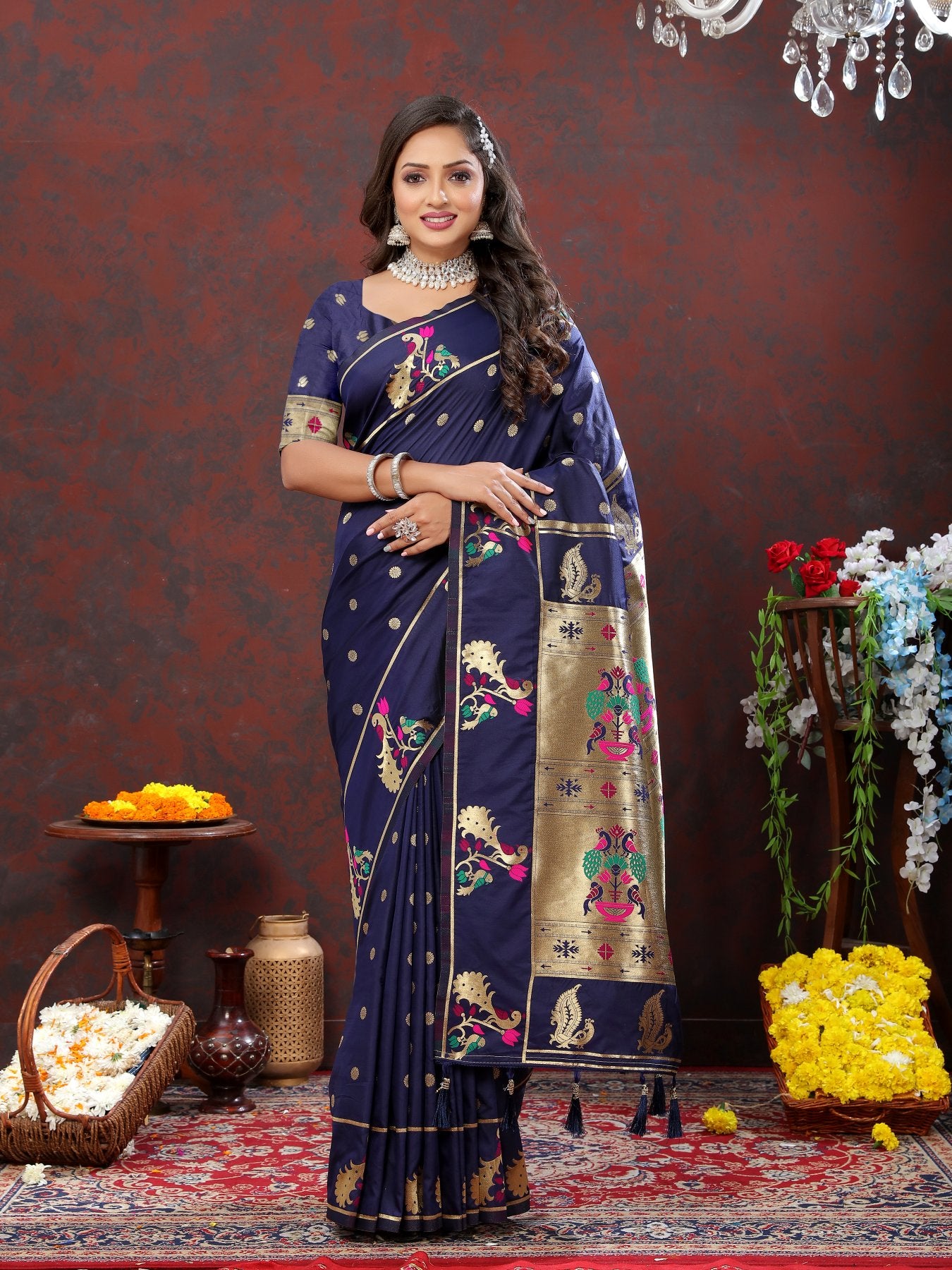 Elaborate Navy Blue Paithani Silk Saree With Quixotic Blouse Piece